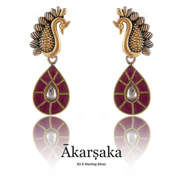 92.5 Silver Gold Plated Ruby Kundan Peacock Earrings