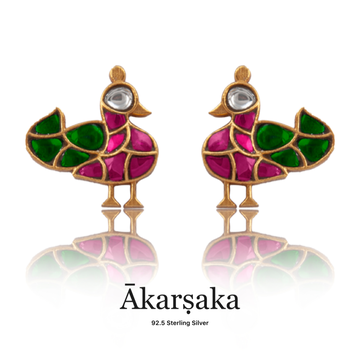 92.5 Silver Gold Plated Ruby Green Duck Earrings