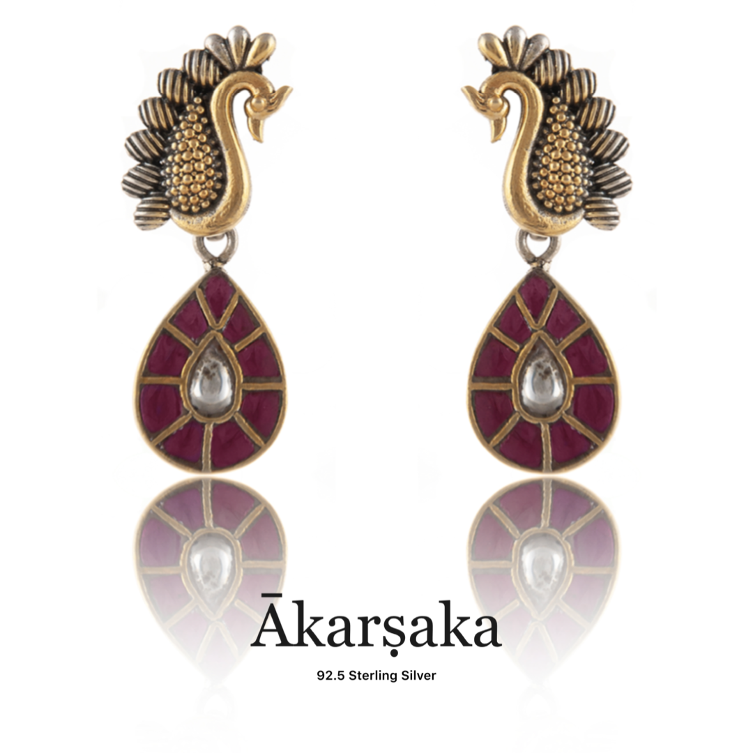 92.5 Silver Gold Plated Ruby Kundan Peacock Earrings