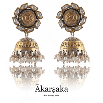 92.5 Silver Gold Plated Rose Statement Jhumki
