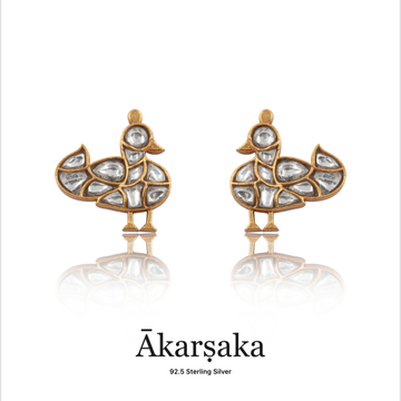 92.5 Silver Gold Plated Kundan Duck Earrings