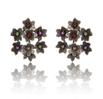 92.5 STERLING SILVER 8-FLOWER FANCY EARRING WITH NATURAL GEMSTONES - PERIDOT, AMETHYST, GARNET AND CITRINE
