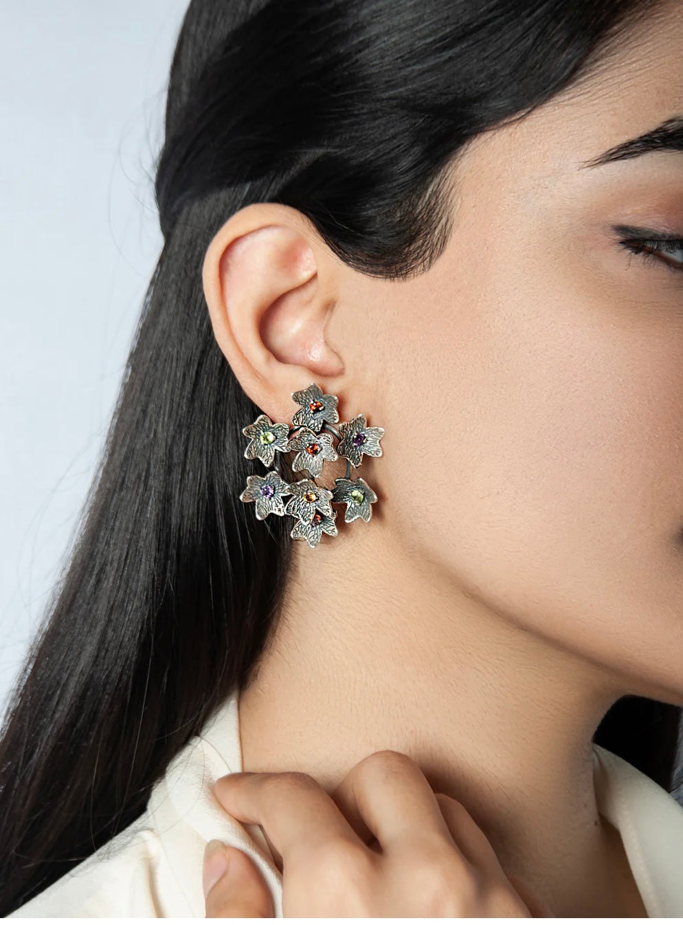92.5 STERLING SILVER 8-FLOWER FANCY EARRING WITH NATURAL GEMSTONES - PERIDOT, AMETHYST, GARNET AND CITRINE