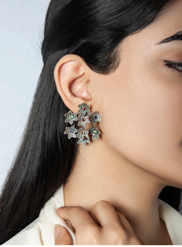 92.5 STERLING SILVER 8-FLOWER FANCY EARRING WITH NATURAL GEMSTONES - PERIDOT, AMETHYST, GARNET AND CITRINE