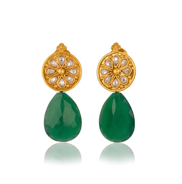 92.5 Silver Big Gold Plated Kundan Studs with Green Onyx