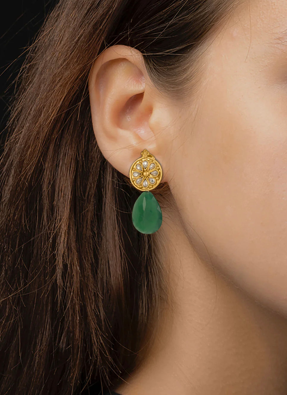 92.5 Silver Big Gold Plated Kundan Studs with Green Onyx