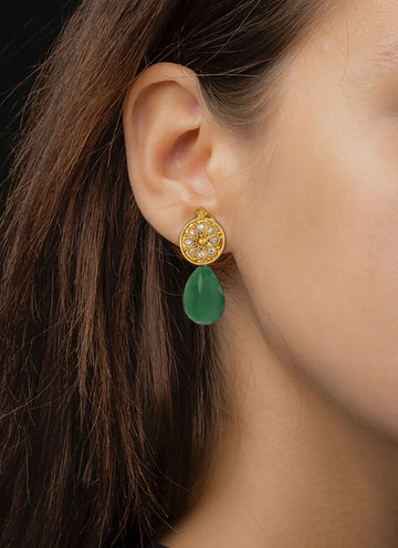 92.5 Silver Big Gold Plated Kundan Studs with Green Onyx