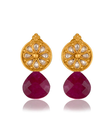 92.5 Silver Gold Plated Floral Studs with Ruby
