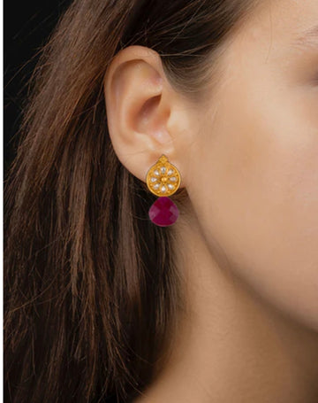 92.5 Silver Gold Plated Floral Studs with Ruby