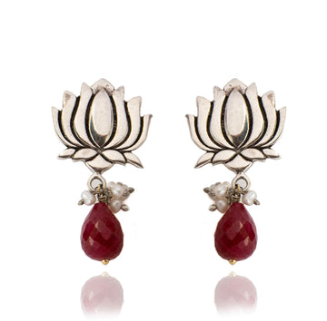 92.5 Silver Lotus Earrings with Ruby Drop