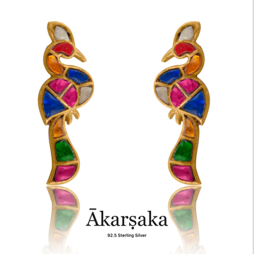 92.5 Silver Gold Plated Multicolor Stone Peacock Earrings