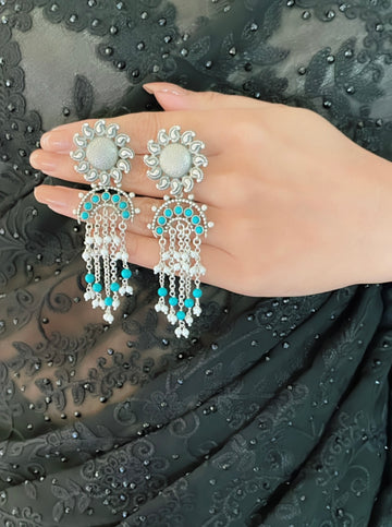 92.5 Silver Chandra Mukhi Turquoise Earrings