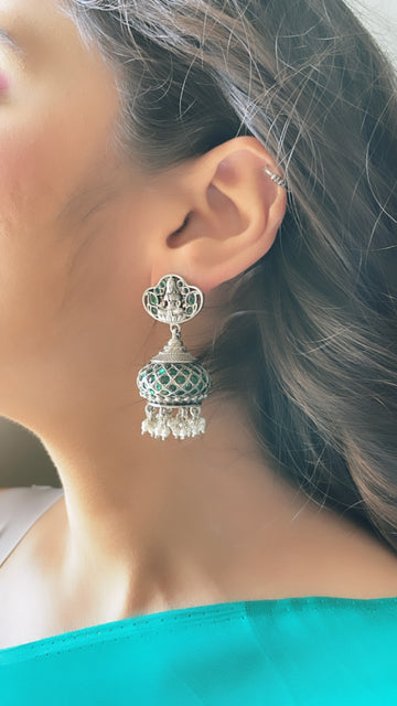 92.5 Silver Green Laxmi Matki Earrings