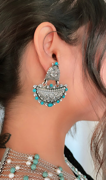 92.5 Silver Turquoise Singh Carved Earrings
