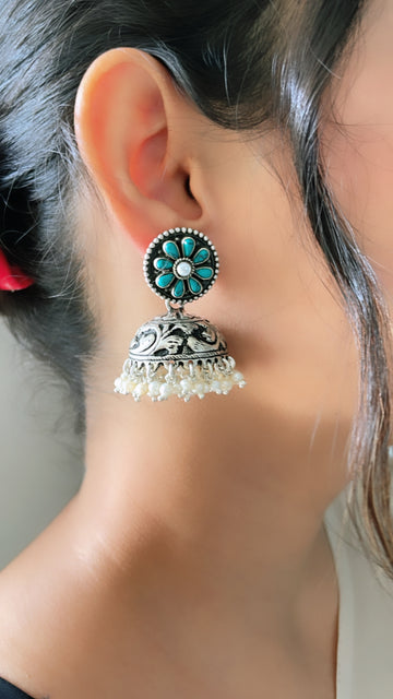 92.5 Silver Turquoise Flower Jhumki