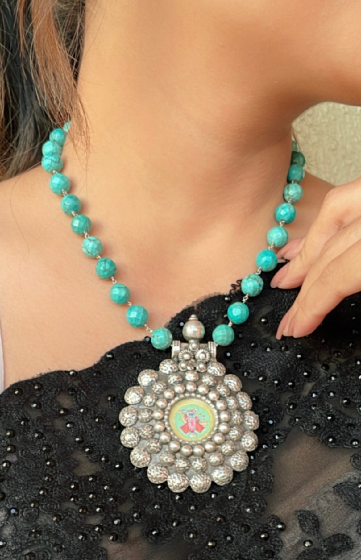 92.5 Silver Tirupathi Surya Turquoise Mala Necklace