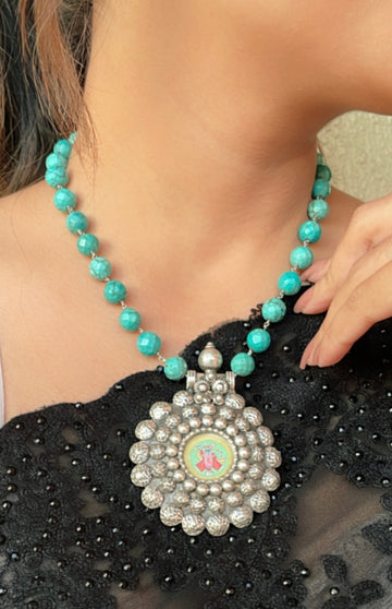 92.5 Silver Tirupathi Surya Turquoise Mala Necklace
