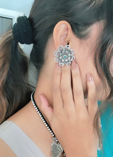 92.5 Silver ArkaPushpi Green Statement Earrings
