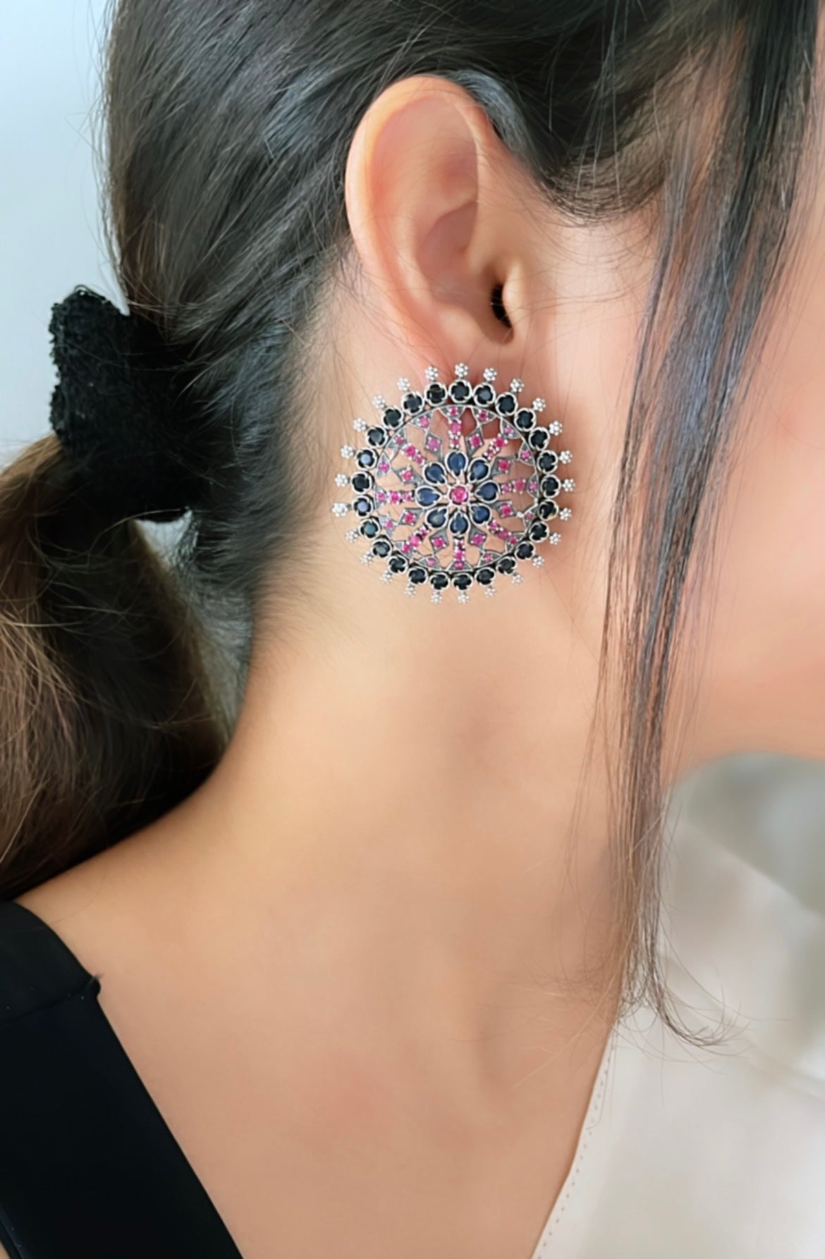 92.5 Silver Navy Ruby Statement Earrings