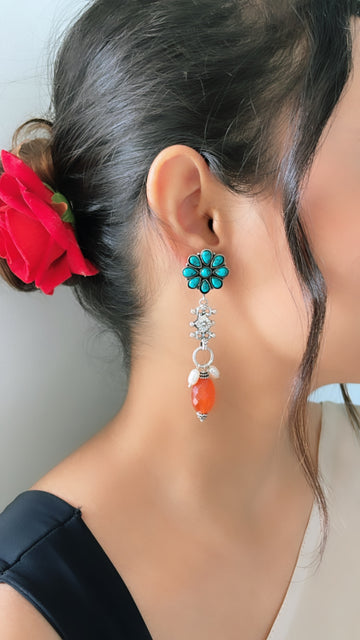 92.5 Silver Coral Turquoise Flower Earrings