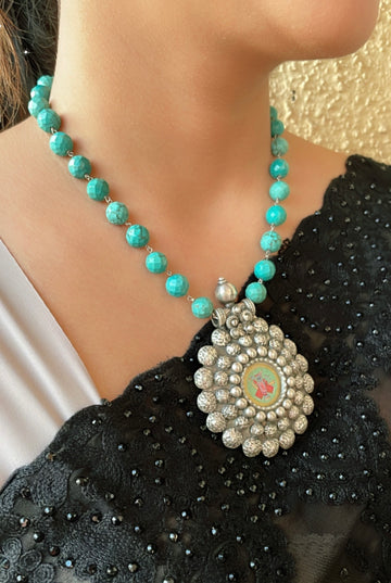 92.5 Silver Tirupathi Surya Turquoise Mala Necklace