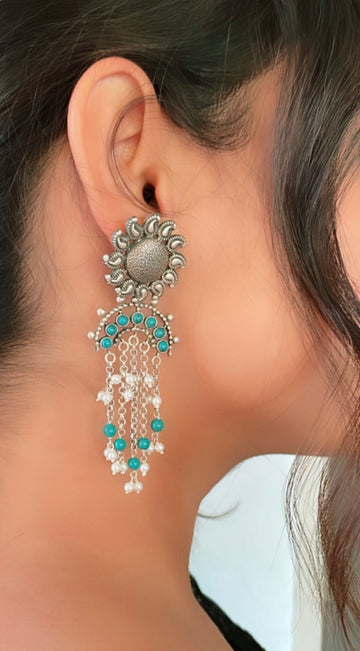 92.5 Silver Chandra Mukhi Turquoise Earrings