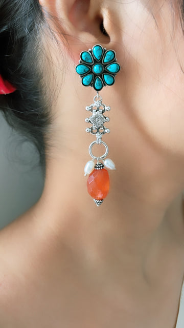 92.5 Silver Coral Turquoise Flower Earrings