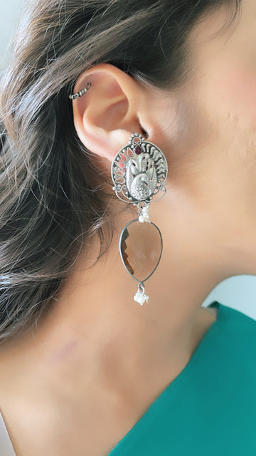 92.5 Silver Black Opal Mayura Long Earrings