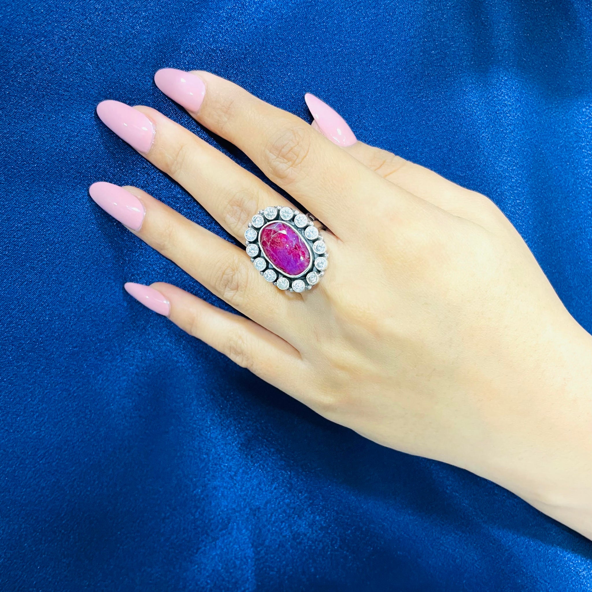 92.5 Silver Elliptic Ruby Studded ring