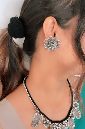 92.5 Silver ArkaPushpi Green Statement Earrings