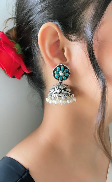 92.5 Silver Turquoise Flower Jhumki