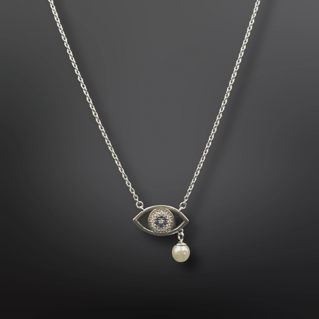 92.5 Silver Minimalistic Evil Eye with a pearl Pendant with Silver Chain