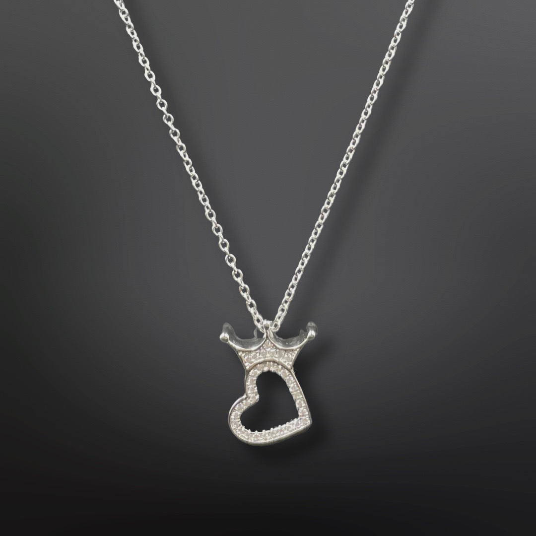 92.5 Silver Minimalistic Heart with a Crown Pendant with Silver Chain