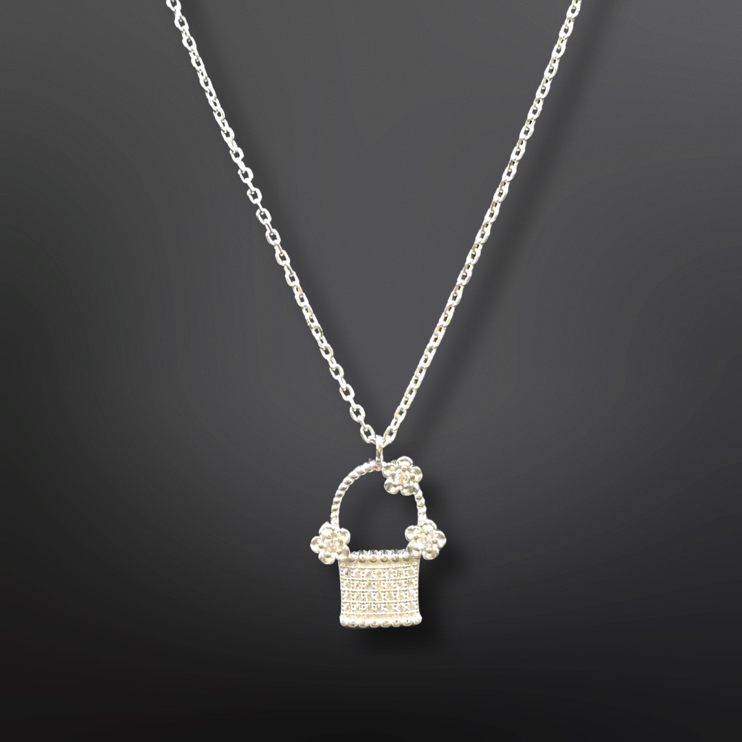 92.5 Silver Minimalistic Flower Basket Pendant with Silver Chain