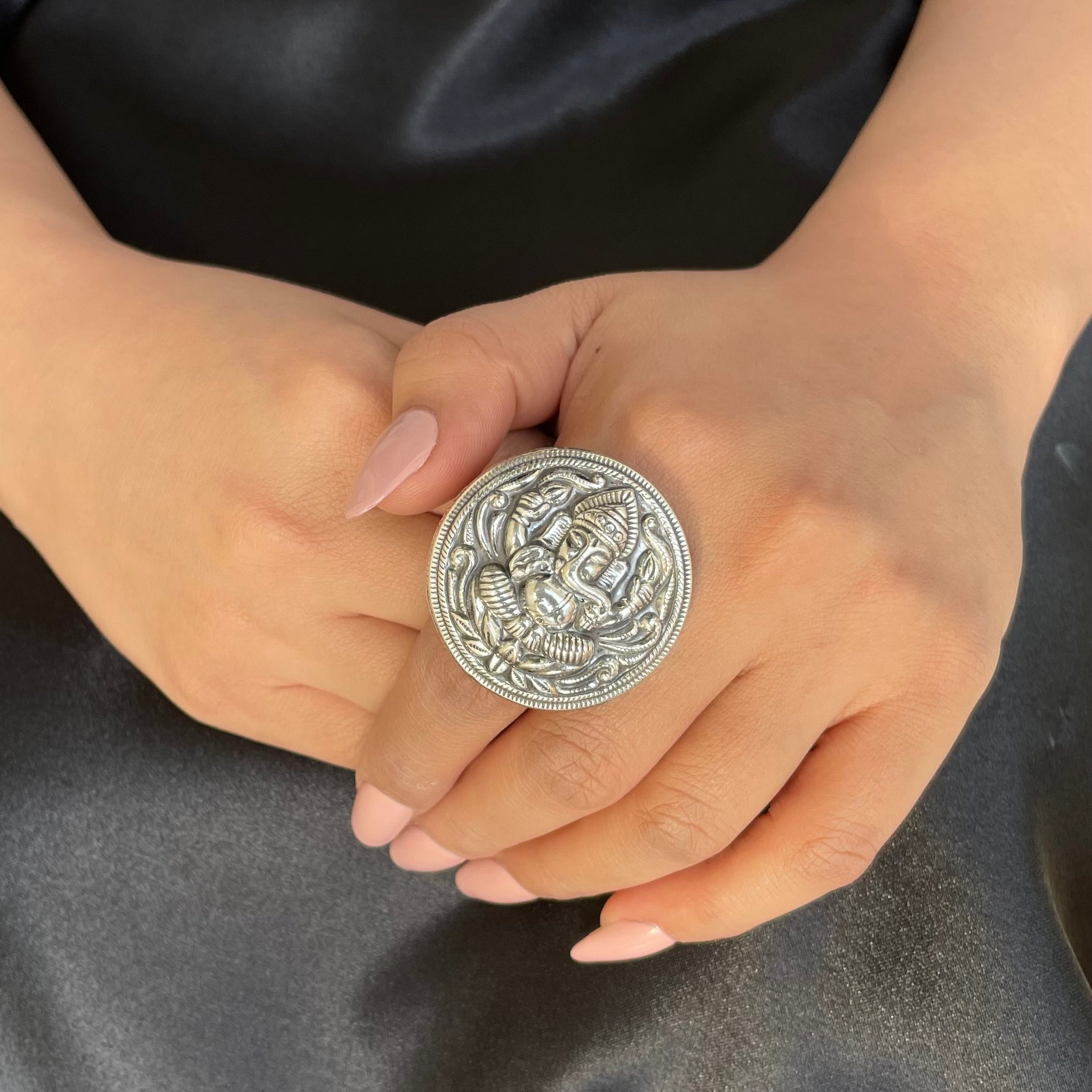 92.5 Silver Ganpati Carved Statement ring