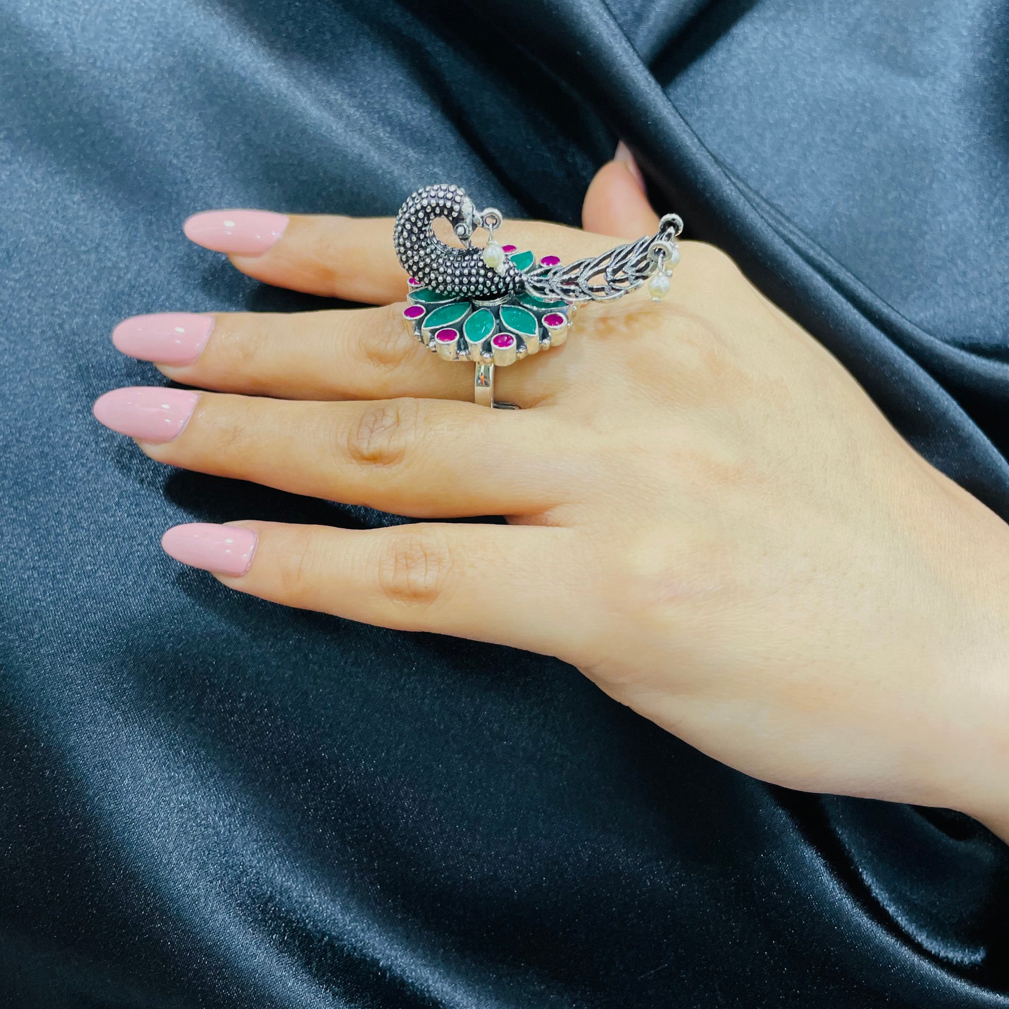 92.5 Silver Green Ruby Mayura ring
